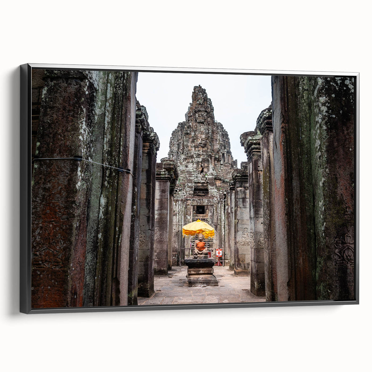Black and white framed canvas of a vintage Cambodian landscape, ideal for bedroom wall decor.