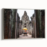 Framed canvas depicting a vintage-style landscape art painting of Cambodian scenery in vibrant colors.