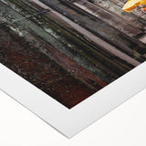 Art deco poster of a Cambodian landscape on rolled canvas, in muted earth tones, ideal for dining room wall art.