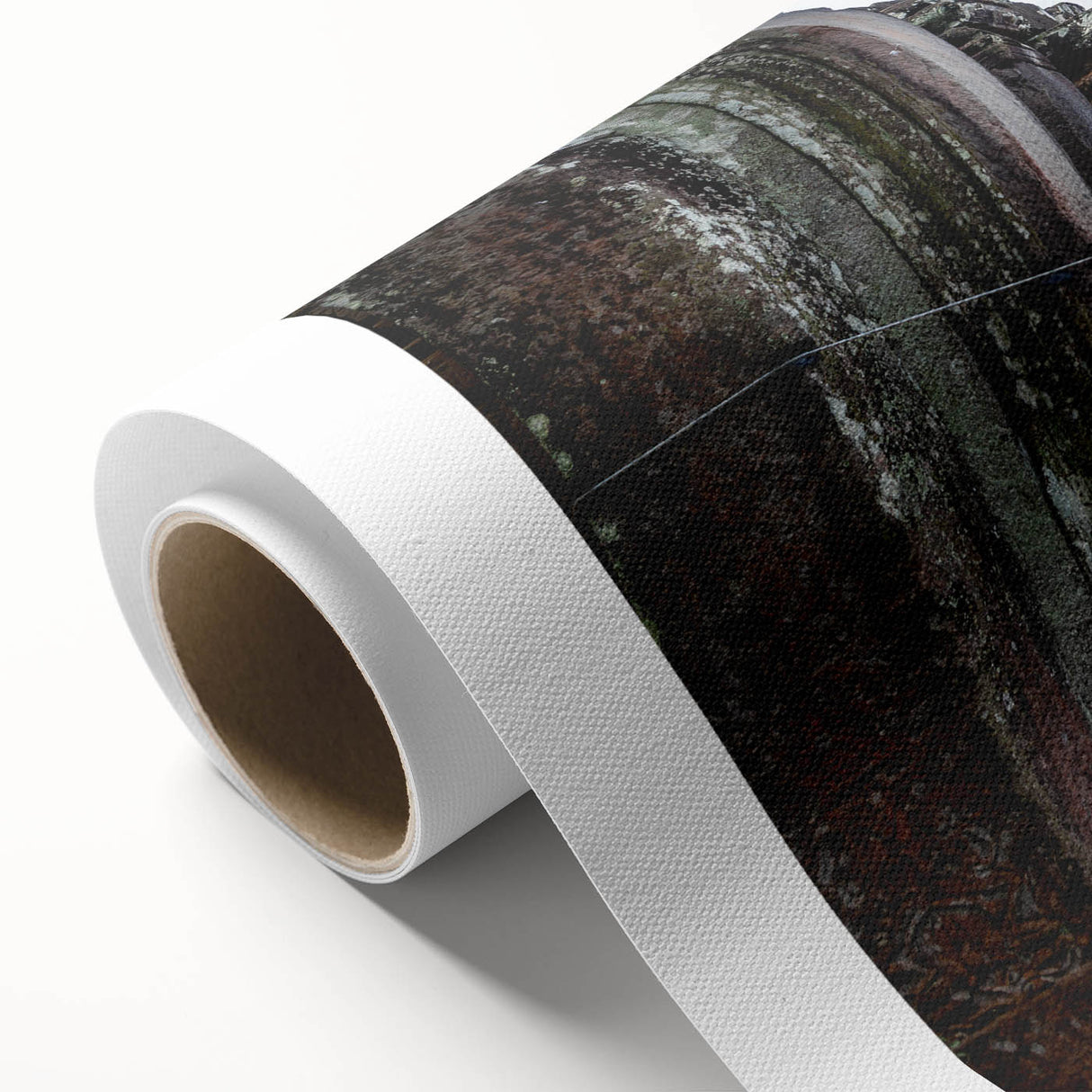 Art deco poster of a Cambodian landscape in muted earth tones on rolled canvas, ideal for nursery wall art.