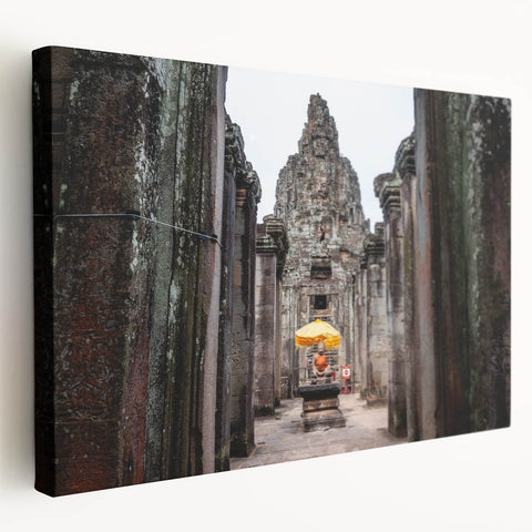 Side view of a stretched canvas depicting a serene Cambodian landscape in muted earth tones, ideal for kitchen wall art.