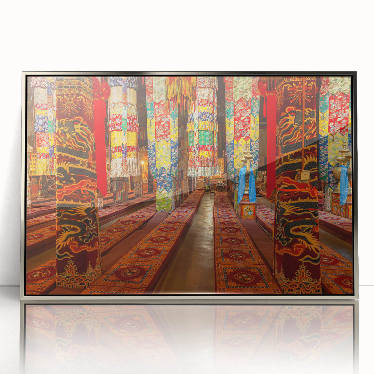Mid-century modernist art depicting a serene Tibetan landscape in muted earth tones, framed in silver acrylic.