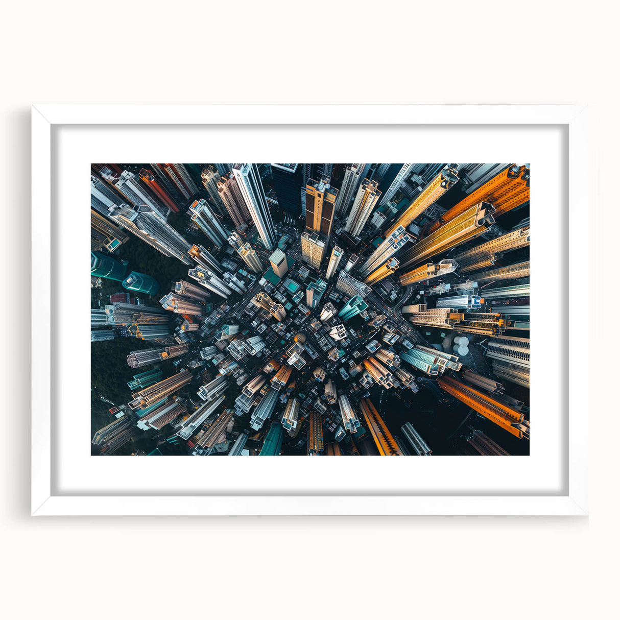 Abstract art print of Hong Kong skyline in muted gray and blue tones, framed with a white mat, ideal for dining room decor.