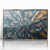 Mid-century modernist Hong Kong skyline in acrylic, with silver frame.