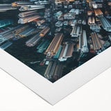 Art deco poster of Hong Kong skyline in muted gray and blue tones on rolled canvas, suitable for dining room decor.
