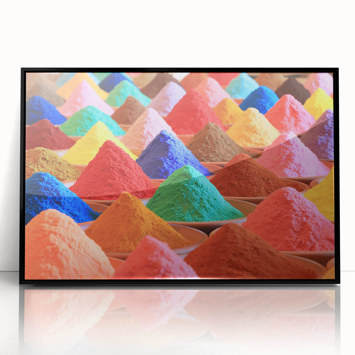 Large abstract wall art depicting a stylized Indian landscape in muted earth tones, framed in black acrylic.