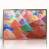 Mid-century modernist art depicting an Asian landscape in muted earth tones on a silver-framed acrylic print.