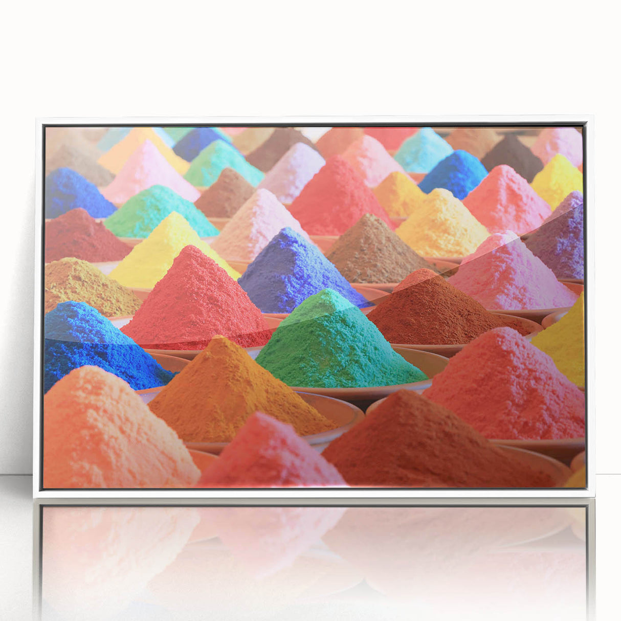 Acrylic print of a serene Indian landscape in soft pastel shades, framed in white, suitable for modern art wall decor.