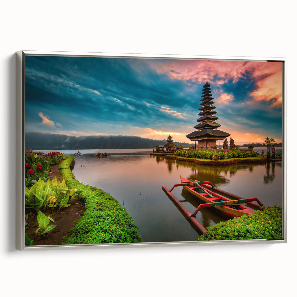 Framed canvas featuring a vintage-style landscape painting of an Indonesian scenery in vibrant colors.