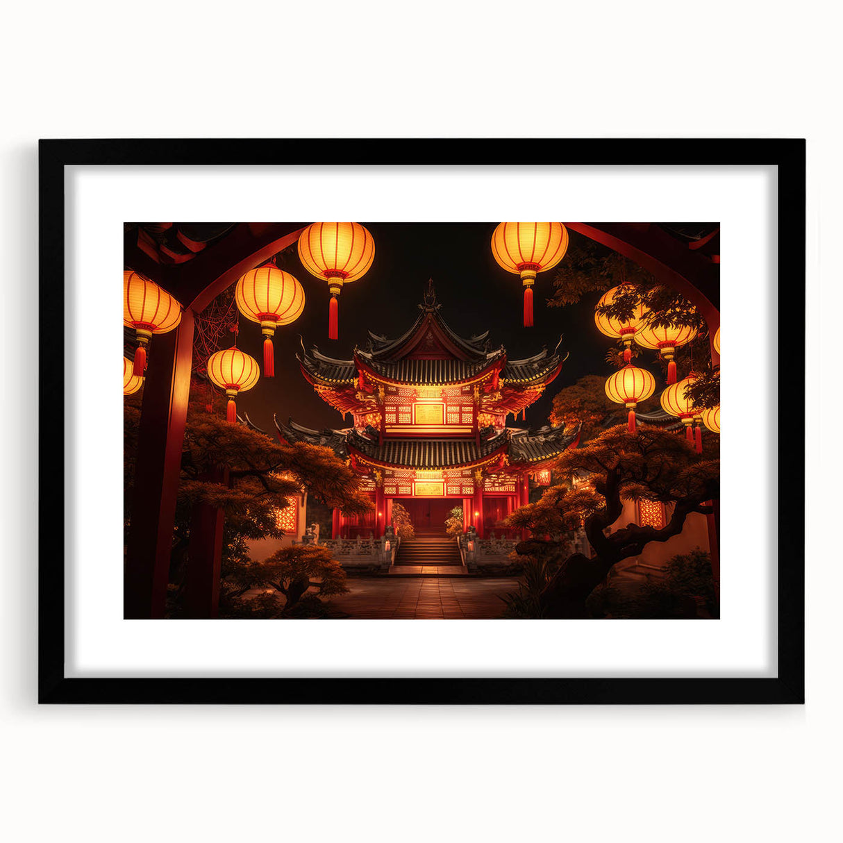 Extra large colorful art print featuring abstract scenery of Kyoto with vibrant blue and green hues on a black framed canvas.
