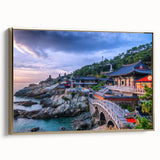 Framed canvas featuring a vintage-style Korean landscape in muted gold and black tones, ideal for bedroom wall decor.