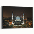 Black and white wall art featuring a vintage poster-style landscape of a Malaysian scenery on a framed canvas.