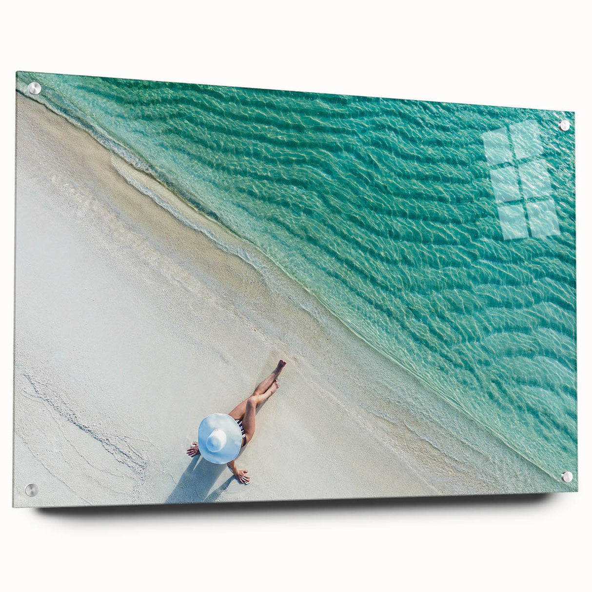 Acrylic glass print of a serene Maldivian landscape in soft blue and green tones, ideal for bedroom or dining room decor.