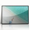 Large abstract wall art depicting a serene Maldivian landscape in muted blue tones, framed in black acrylic.