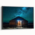 Framed canvas featuring a black and white landscape painting of the Mongolian countryside, ideal for bedroom wall art.