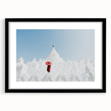 Extra large abstract art print of a colorful Myanmar scenery in a black frame, ideal for living room decor.