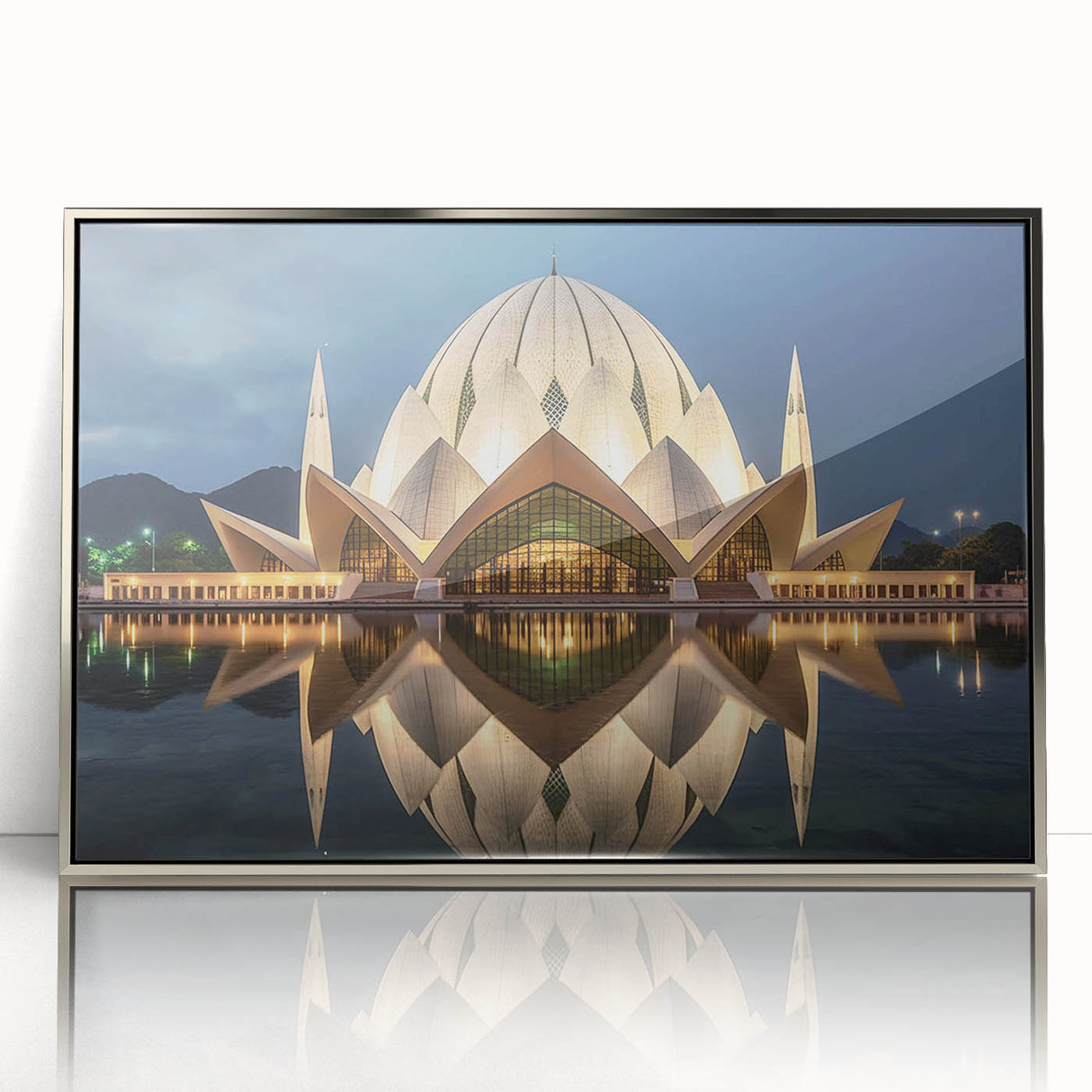 Mid-century modernist art depicting a serene Pakistani landscape in muted earth tones on a framed acrylic print.