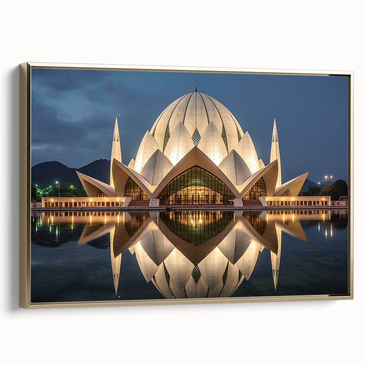 Framed canvas featuring a black and gold vintage-style landscape painting of the Pakistani scenery.