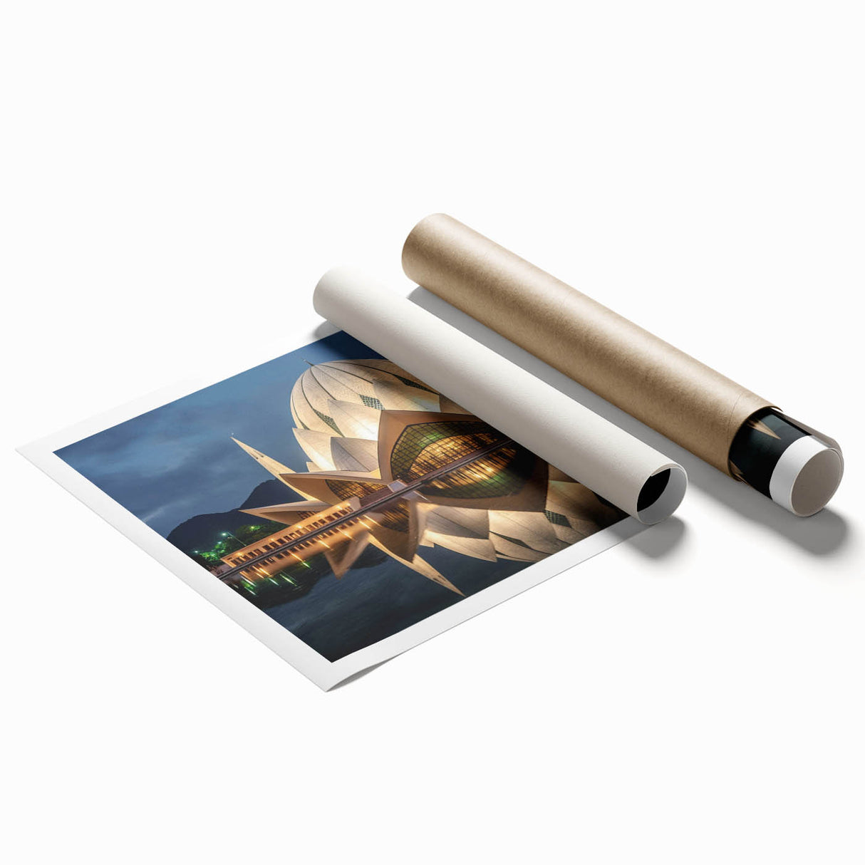 Extra large rolled print depicting a serene Pakistani landscape with muted green and blue tones.