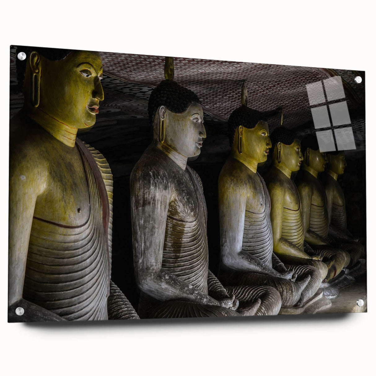 Acrylic print of a serene Sri Lankan landscape in muted green and blue tones, suitable for bedroom or dining room decor.