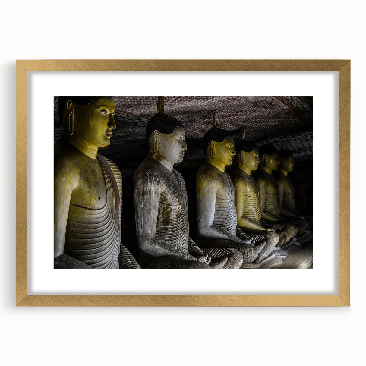 Extra large abstract art print of a textured Sri Lankan landscape in a gold frame, ideal for living room decor.