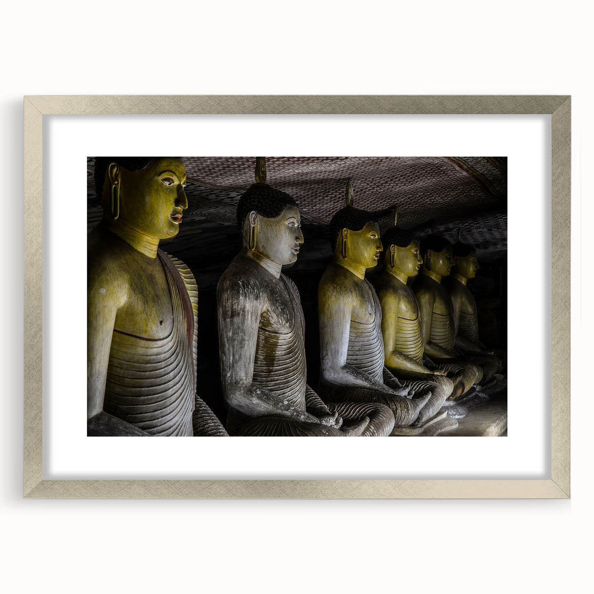 Textured abstract art print depicting a serene Sri Lankan landscape in cool blue and green tones, framed in silver.