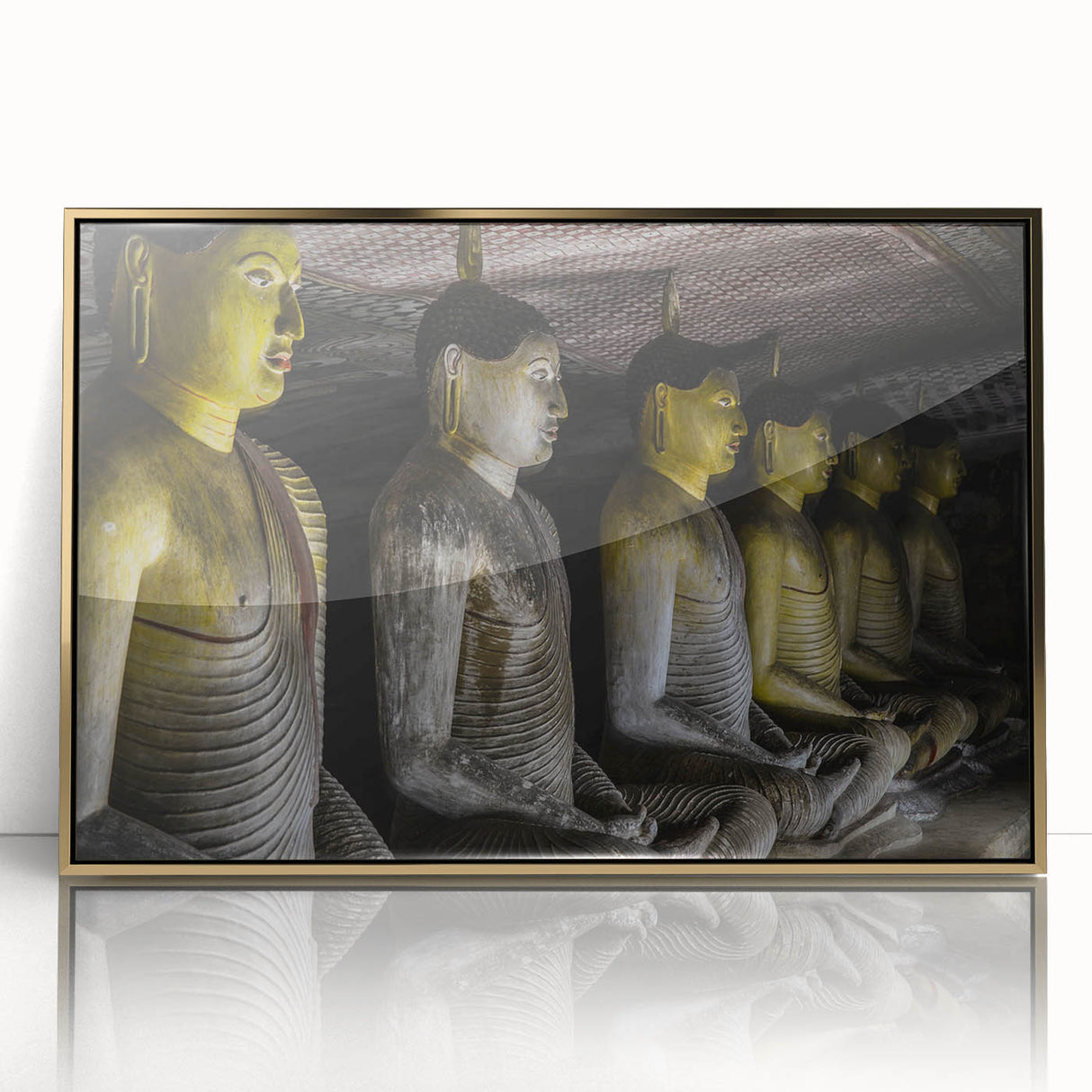 Framed acrylic print of a serene Sri Lankan landscape in soft gold and green tones, suitable for modern art wall decor.