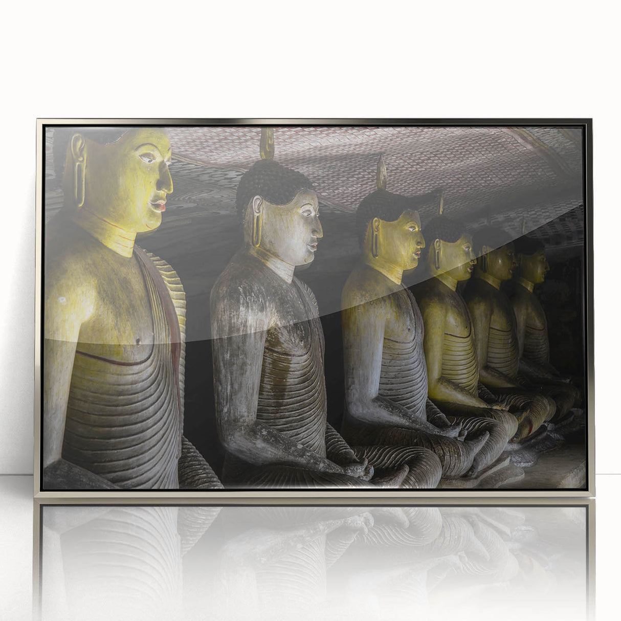Mid-century modernist art depicting a serene Sri Lankan landscape in muted earth tones, framed in silver acrylic.