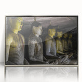 Mid-century modernist art depicting a serene Sri Lankan landscape in muted earth tones, framed in silver acrylic.