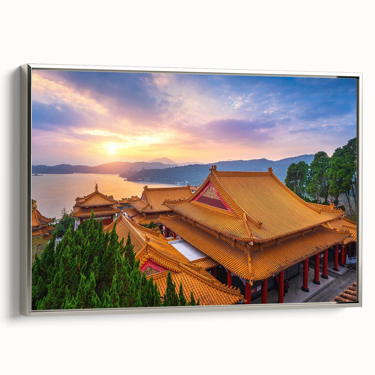 Framed canvas landscape art painting featuring a vintage Taiwanese scenery in colorful tones, ideal for living room decor.