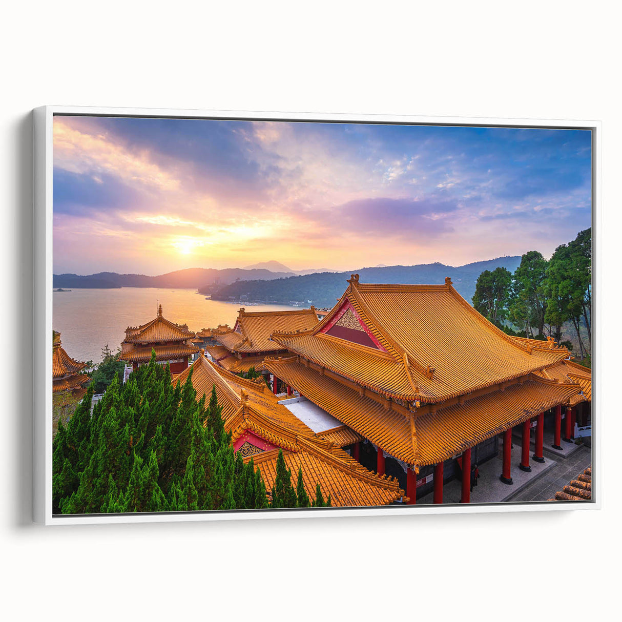 Vintage poster art of a Taiwanese landscape on extra-large framed canvas.