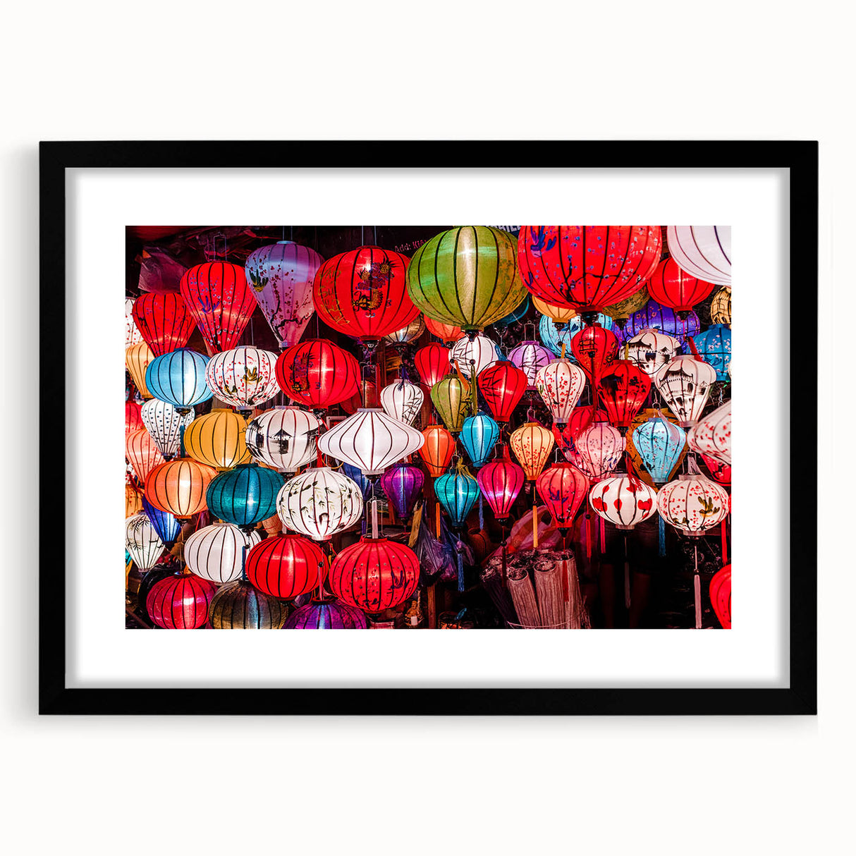 Colorful abstract art print of a Vietnam scenery in vibrant hues on a textured, framed canvas, ideal for living room decor.