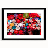 Colorful abstract art print of a Vietnam scenery in vibrant hues on a textured, framed canvas, ideal for living room decor.