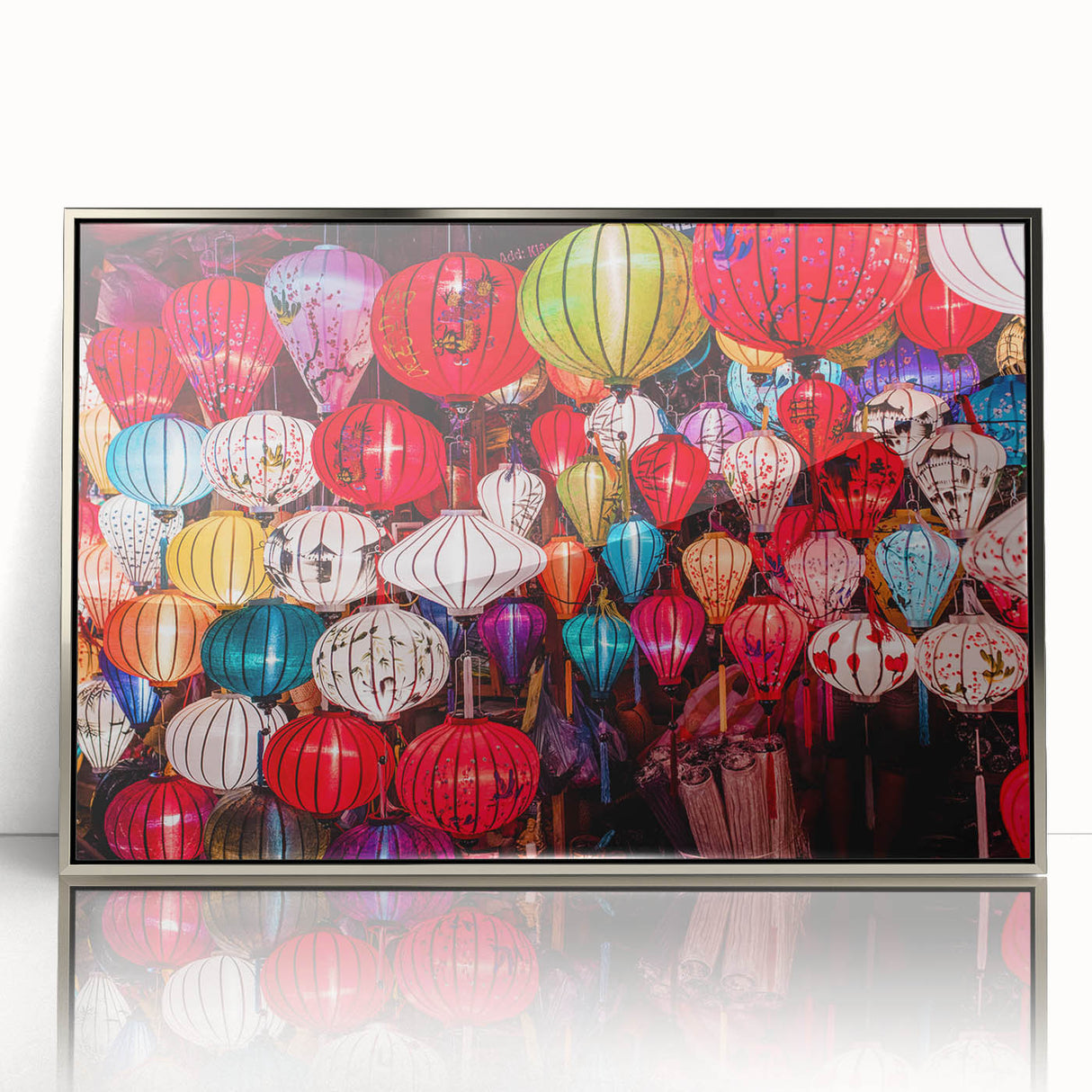 Mid-century modernist art depicting a serene Vietnamese landscape on a silver-framed acrylic print.