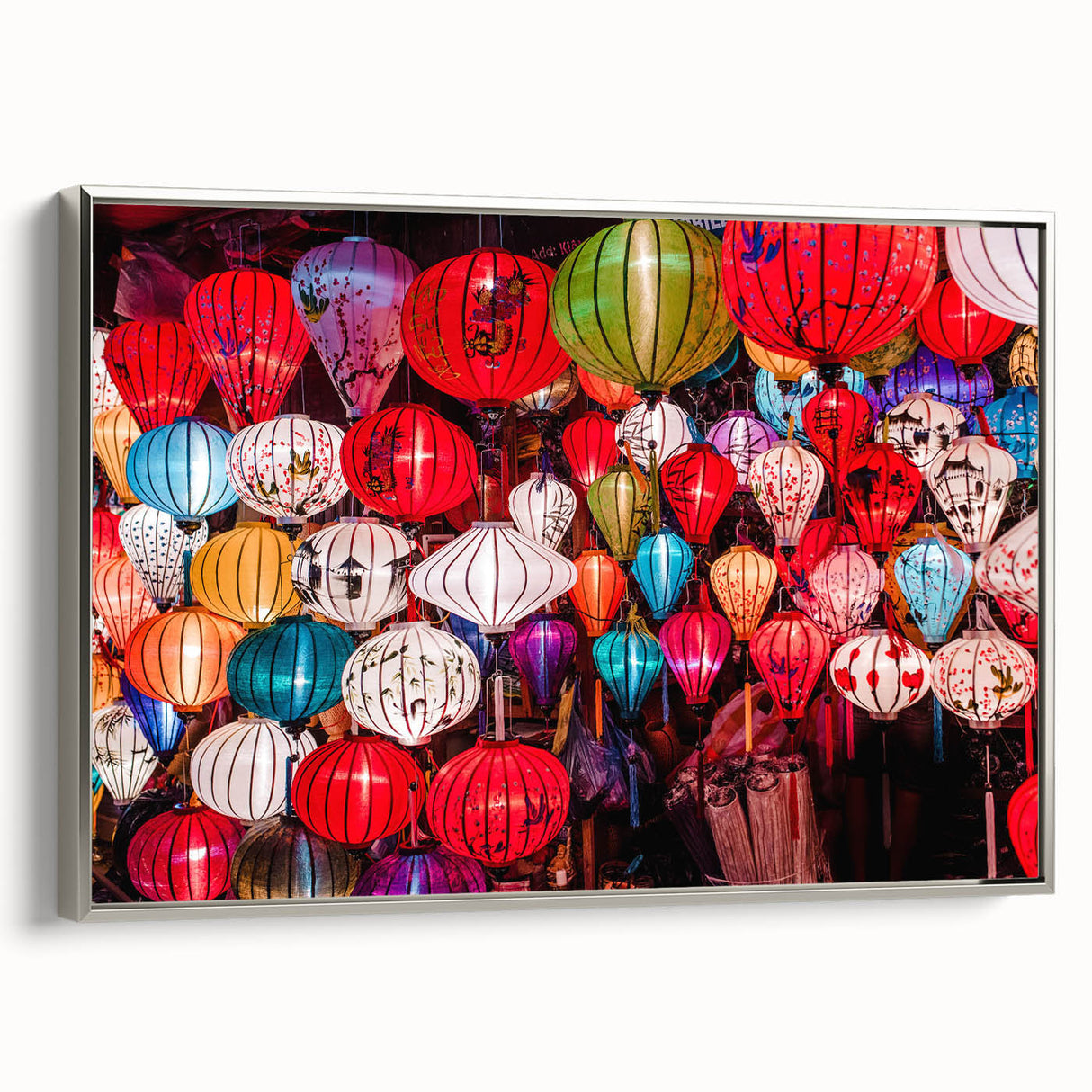 Landscape art painting of a Vietnamese scenery on framed canvas, featuring colorful art with black accents.