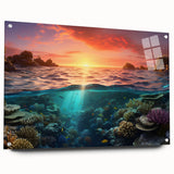 Acrylic print of the Great Barrier Reef in vibrant blue and green tones, suitable for bedroom or dining room decor.