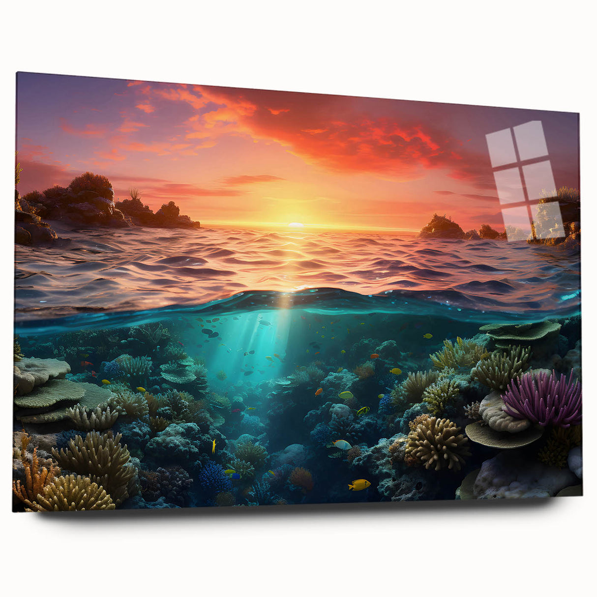 Acrylic print of the Great Barrier Reef in vivid blue and green tones, suitable for bedroom or dining room decor.