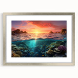 Abstract art print of the Great Barrier Reef in shades of blue and green, framed in silver, ideal for dining room decor.