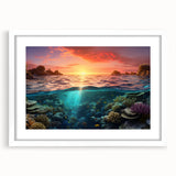 Extra large textured abstract art print of the Great Barrier Reef in vibrant blue and green tones, framed with a white mat.