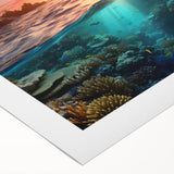Art deco poster of the Great Barrier Reef in vibrant blue and green tones on rolled canvas, suitable for dining room decor.