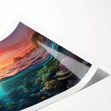 Extra large wall art featuring a line art depiction of the Great Barrier Reef in pastel shades on rolled canvas.