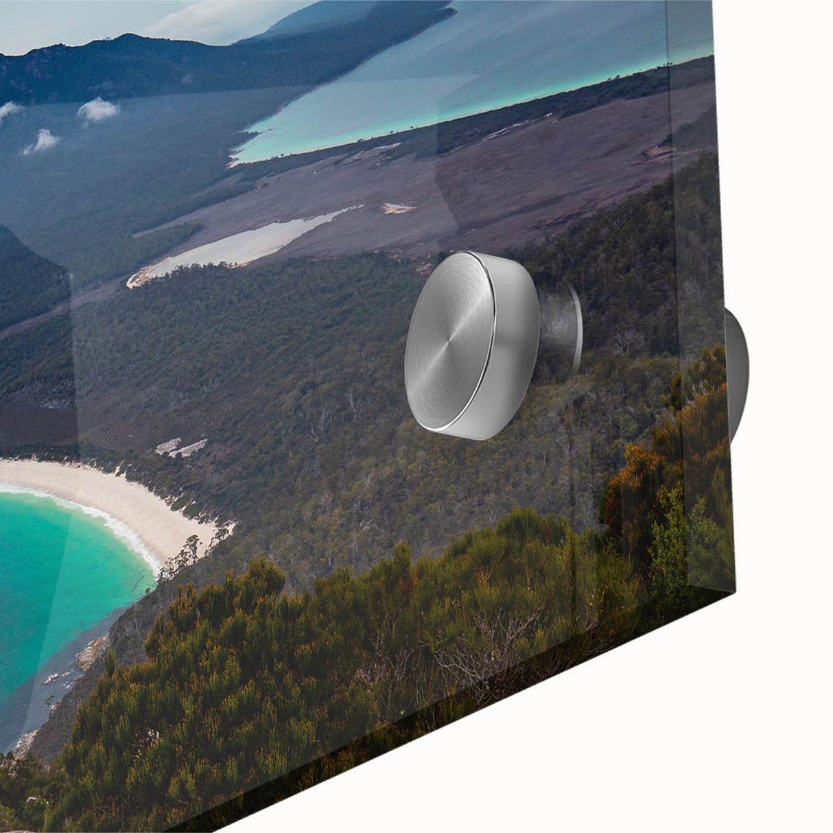Large abstract wall art depicting Tasmania scenery in muted earth tones on acrylic glass, ideal for dining room ambiance.
