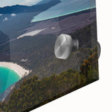 Large abstract wall art depicting Tasmania scenery in muted earth tones on acrylic glass, ideal for dining room ambiance.