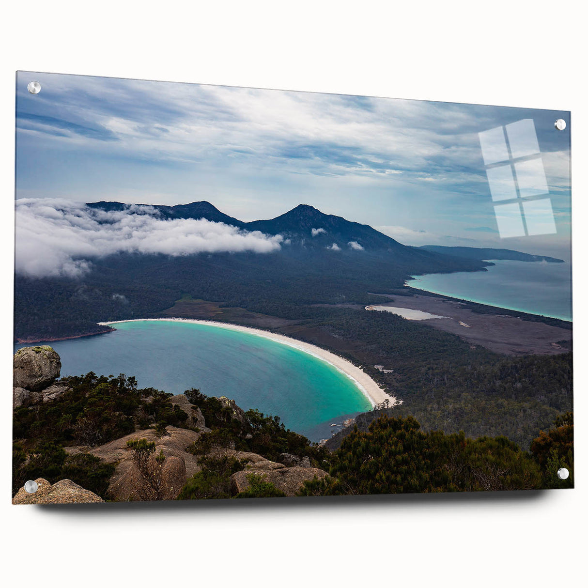 Acrylic print of a Tasmanian landscape in muted green and blue tones, suitable for bedroom or dining room decor.