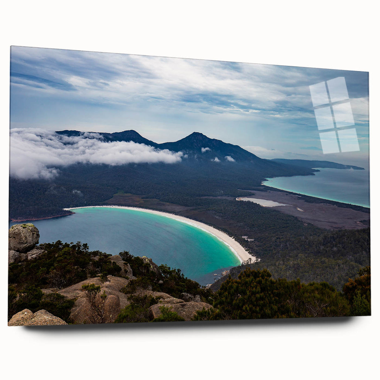 Large abstract wall art of a Tasmanian landscape in muted earth tones on acrylic glass.