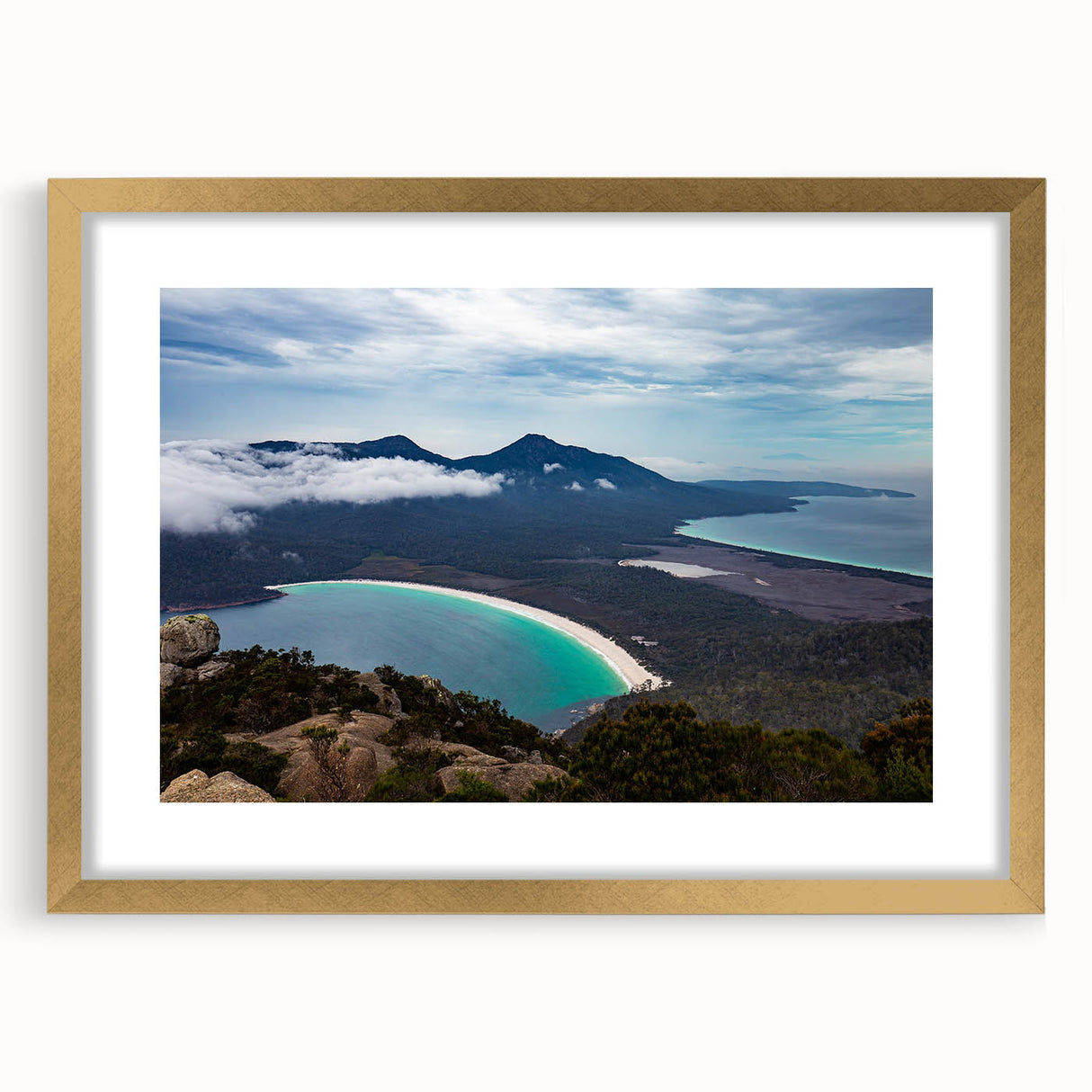 Abstract art print depicting Tasmania scenery in muted earth tones on a framed canvas, suitable for dining room decor.