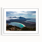 Textured art depicting abstract scenery of Tasmania in muted earth tones on a framed white mat, suitable for bedroom decor.