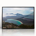 Large abstract wall art of Tasmania scenery in mid-century modernist style, framed in black acrylic.