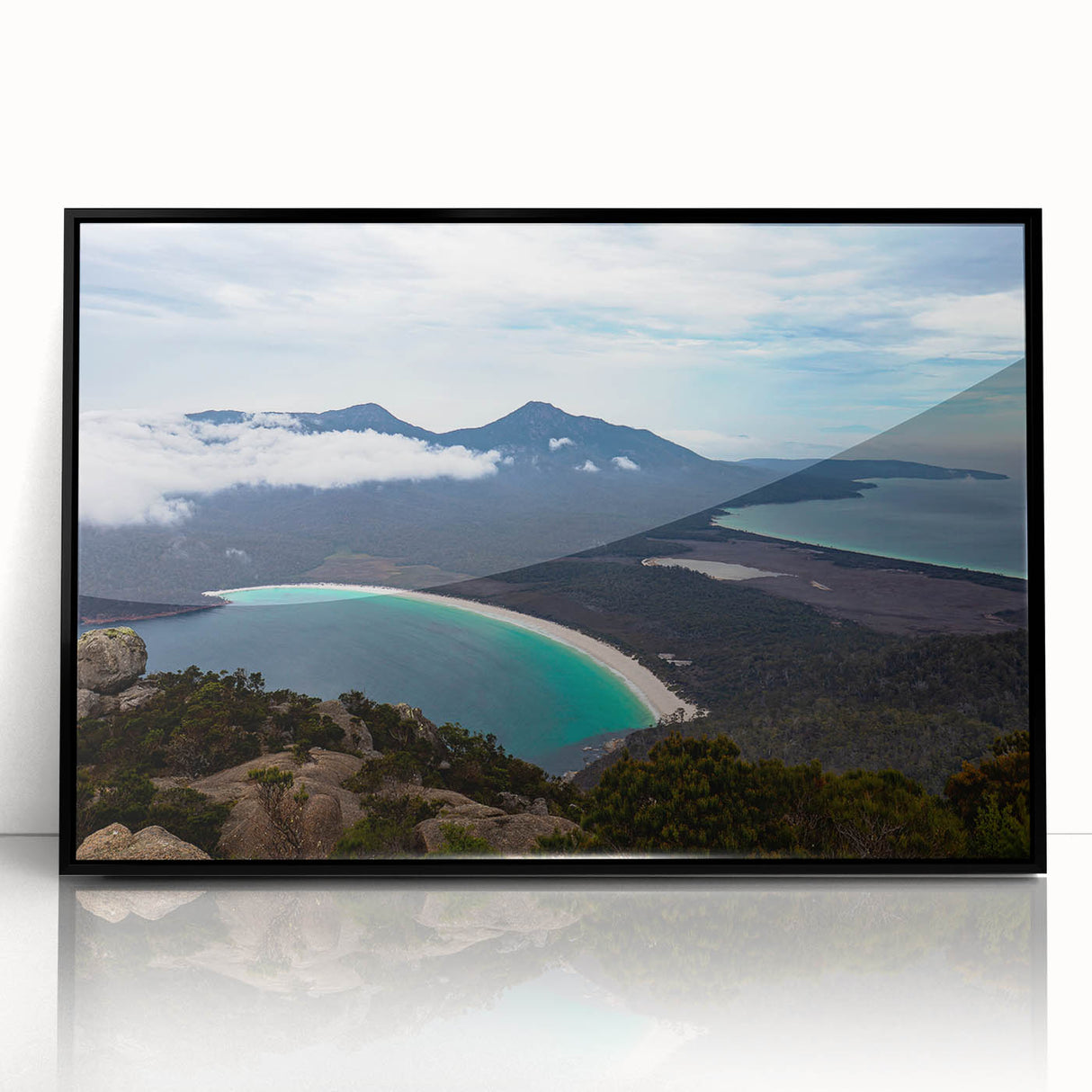 Large abstract wall art of Tasmania scenery in mid-century modernist style, framed in black acrylic.