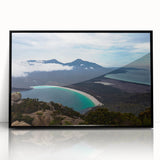 Large abstract wall art of Tasmania scenery in mid-century modernist style, framed in black acrylic.